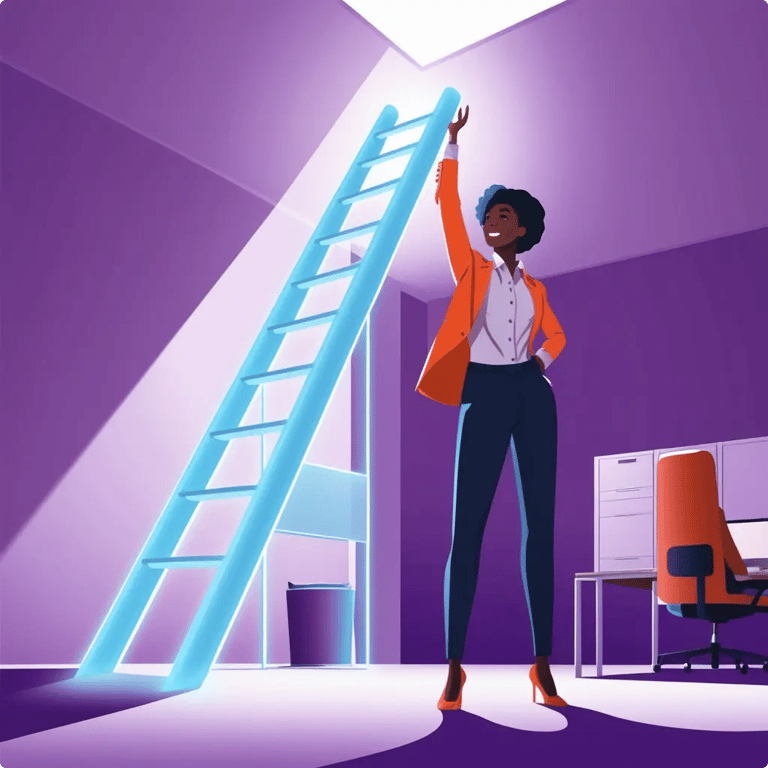 A career woman standing next to a ladder, symbolising her career path.